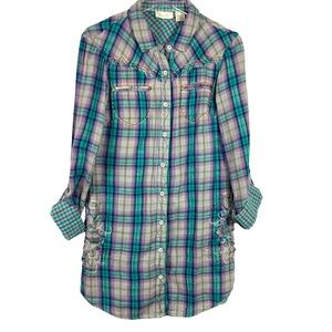 MISS ME plaid western button down tunic top dress Medium